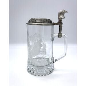 FIYE Glass Stein Mug Fine Pewter Lid Eagle 6” Tall Italy Thick Glass